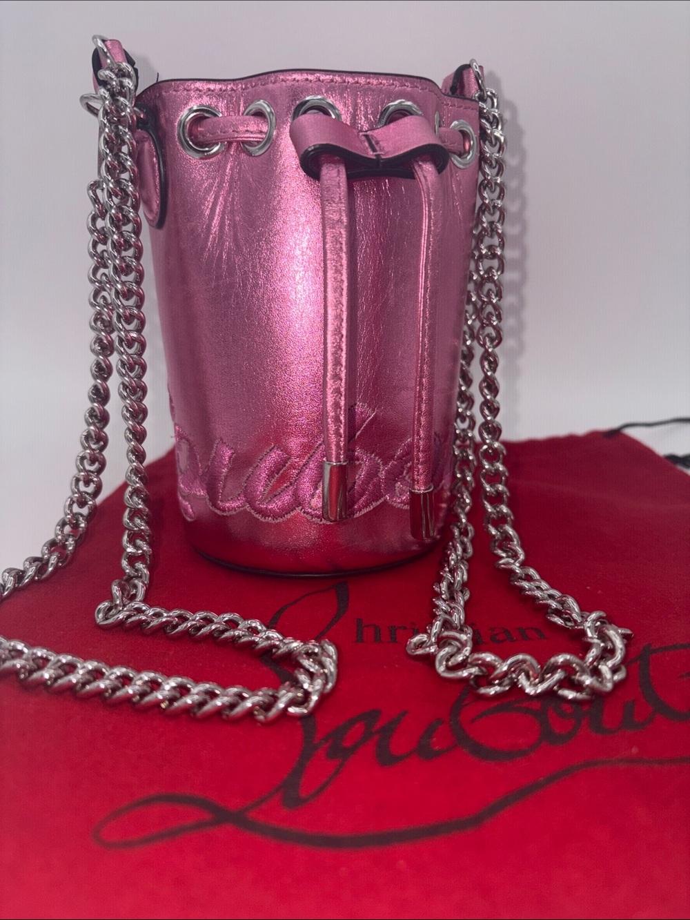 Christian Louboutin Mini Bucket Bag Metallic Pink Leather Chain Strap w/ Dusty✨✨
